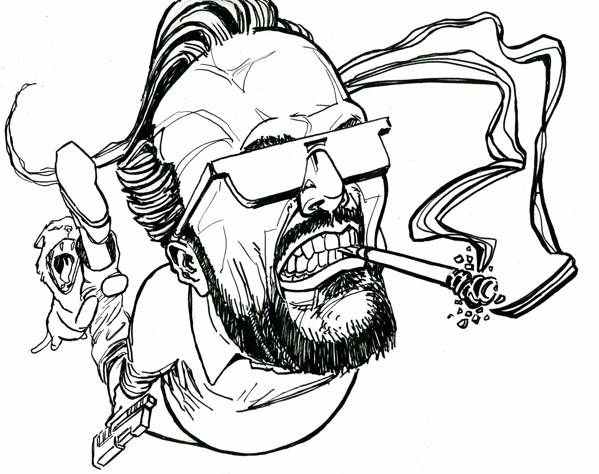 Mersh shouting, 2026 — ink cartoon by Ray Patrick