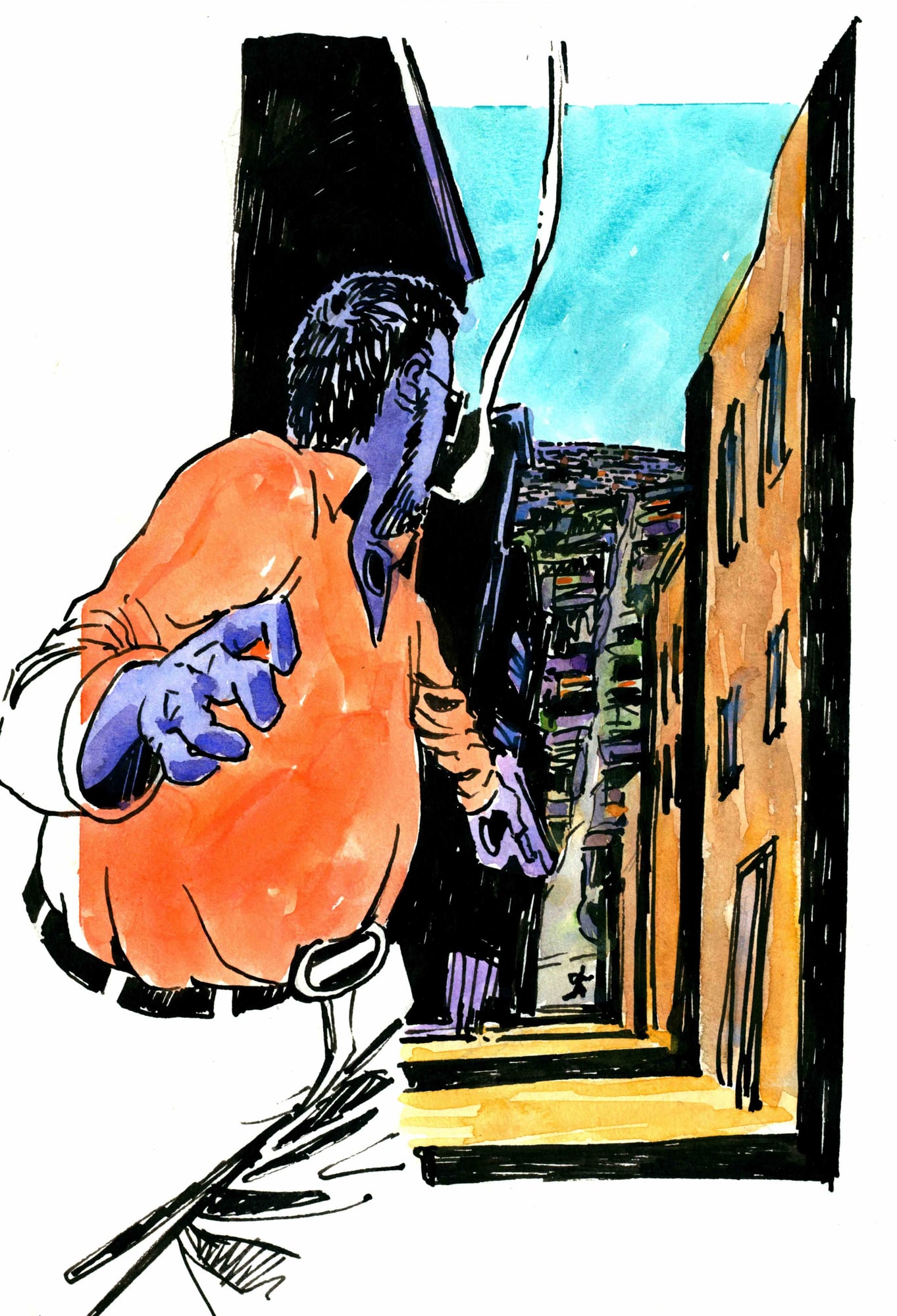MershNoir in the alley, 2026 — watercolor cartoon by Ray Patrick