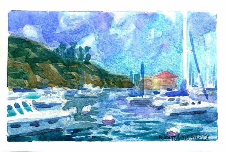 Moored boats below a steep headland, 2026 — watercolor painting by Ray Patrick
