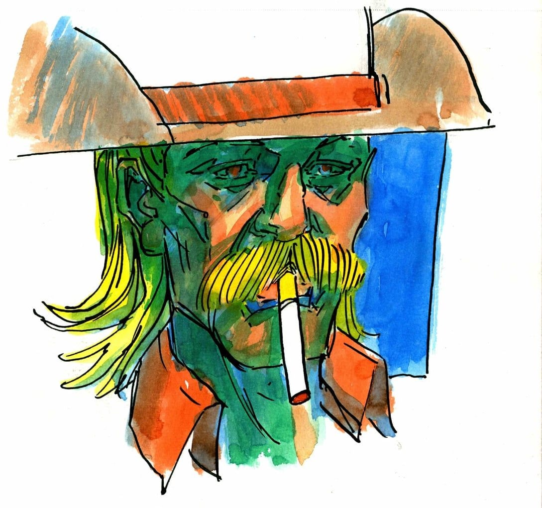 Moustached cowboy in a wide-brimmed hat, 2026 — watercolor painting by Ray Patrick