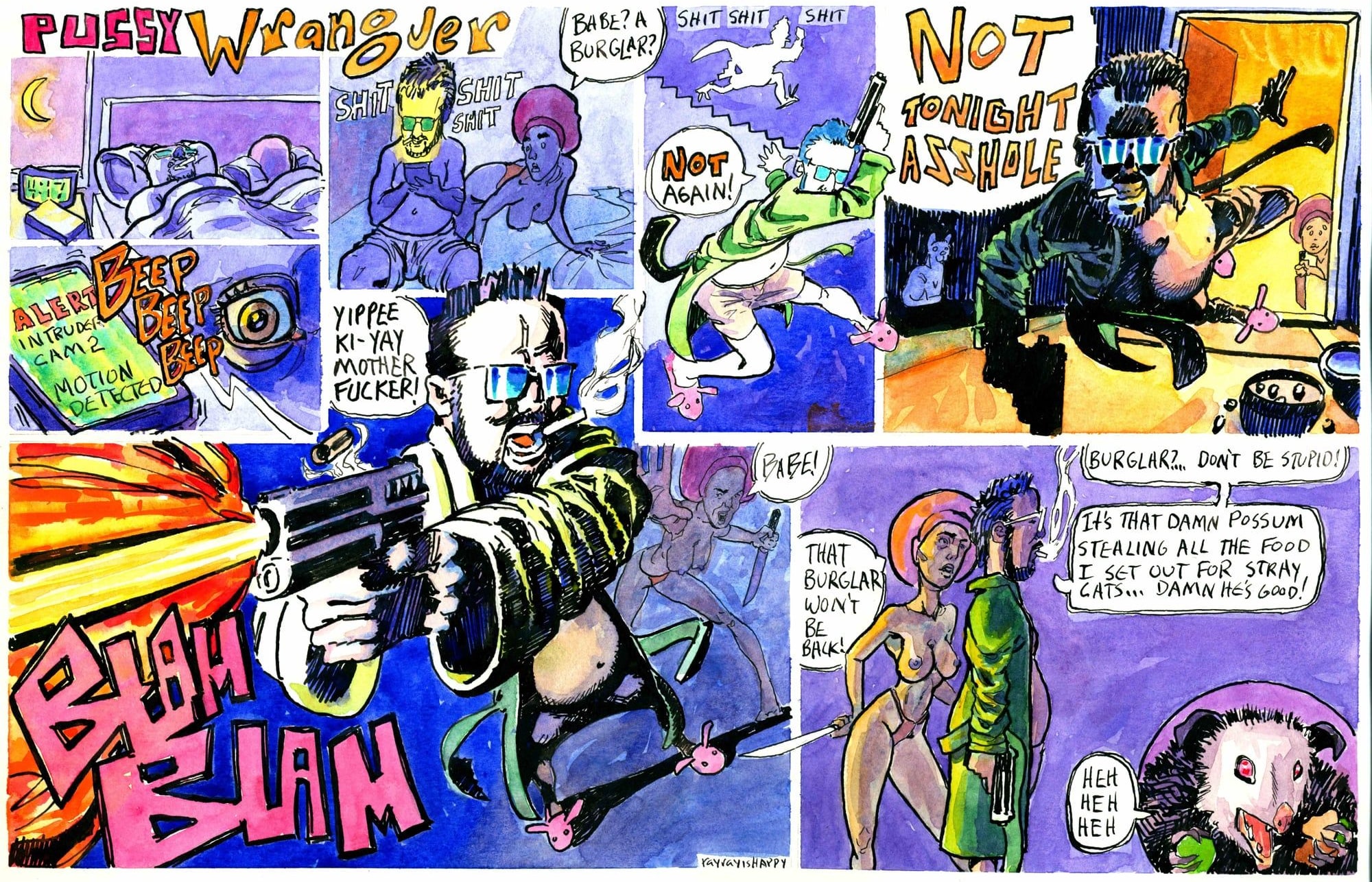 Not tonight asshole, 2024 — watercolor cartoon by Ray Patrick