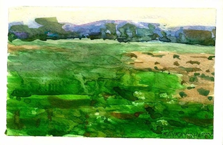 Open green field running to a tree line, 2026 — watercolor painting by Ray Patrick