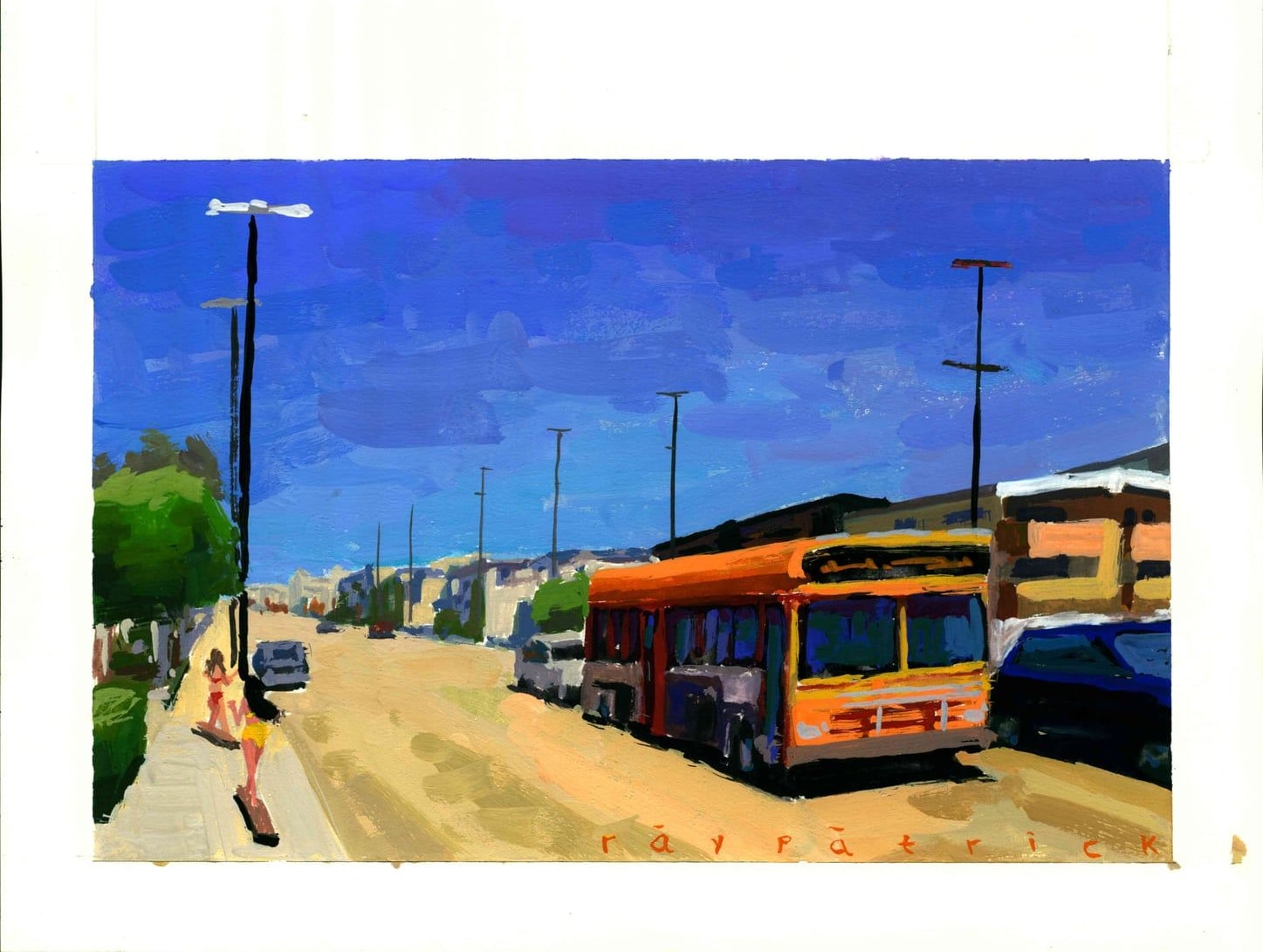 Orange bus on a wide beach street, 2026 — gouache painting by Ray Patrick
