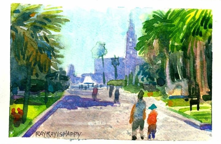 Palm-lined boulevard toward a pale tower, 2026 — watercolor painting by Ray Patrick