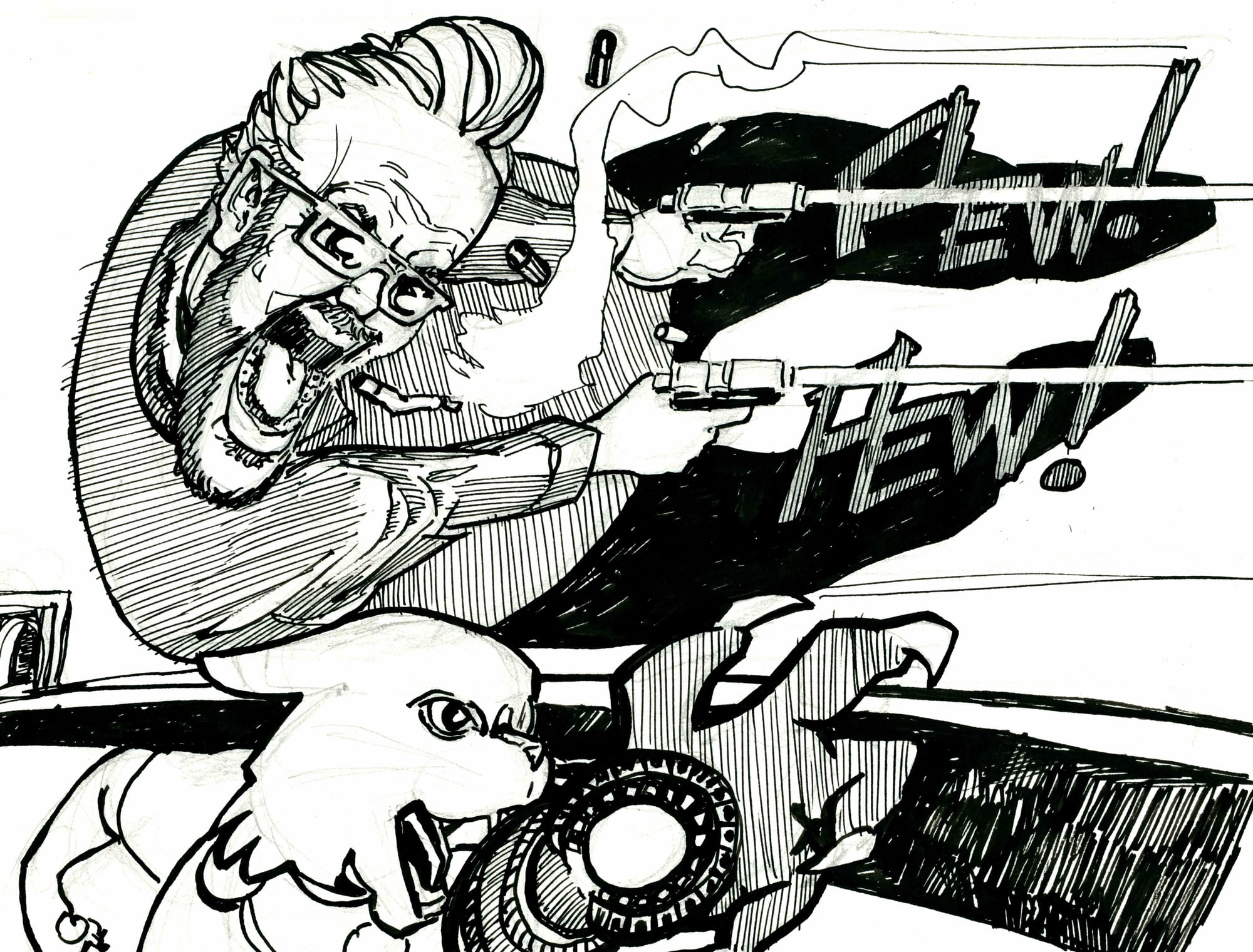 Pew pew, 2026 — ink cartoon by Ray Patrick