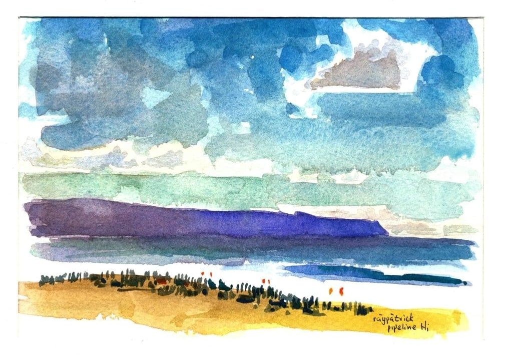 Pipeline seen from the beach, 2026 — watercolor painting by Ray Patrick