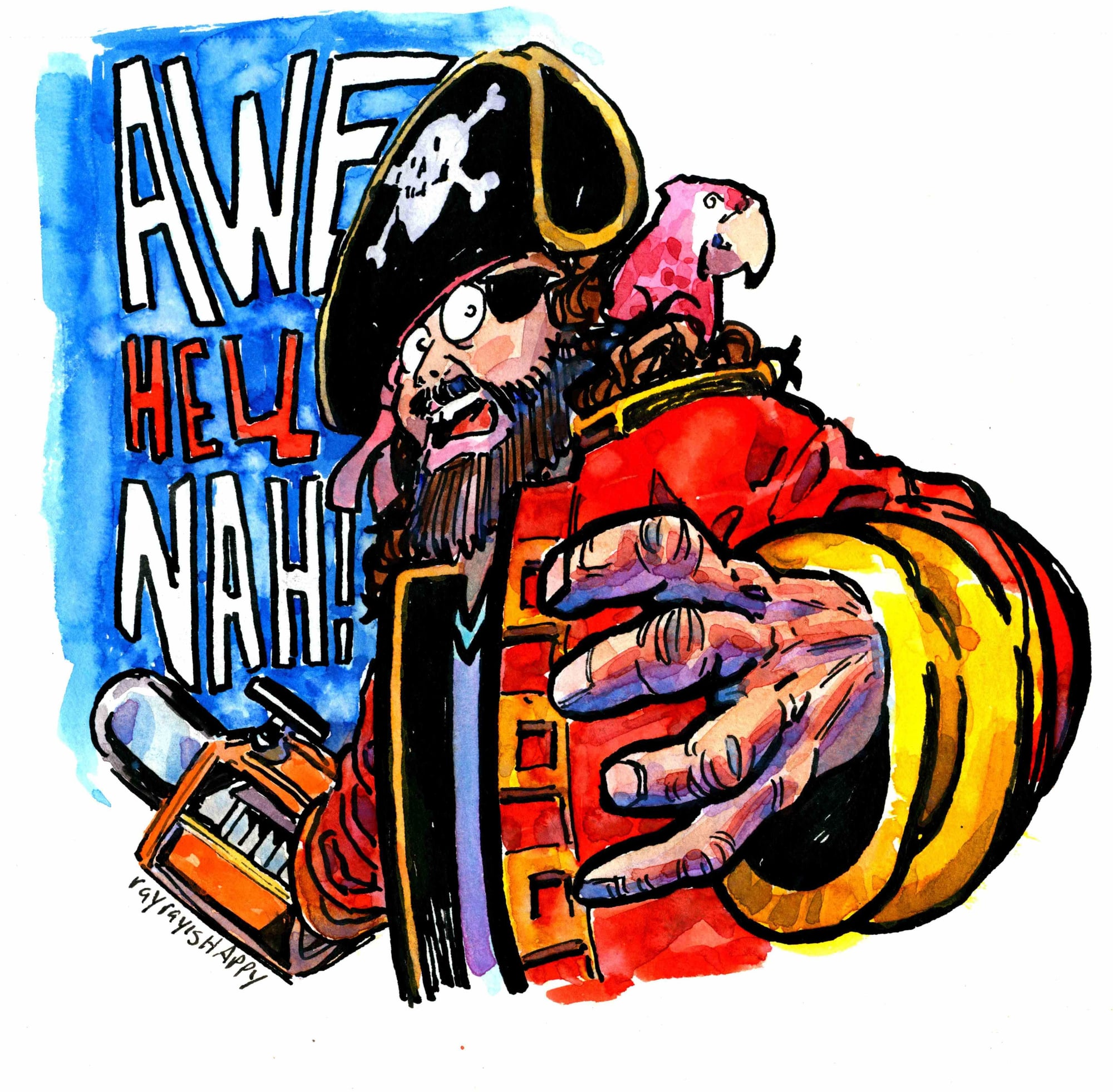 pirate dick sticker 1 color, 2026 — watercolor cartoon by Ray Patrick