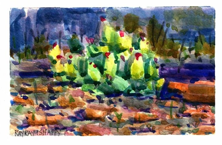 Prickly pear in fruit against a dark ground, 2026 — watercolor painting by Ray Patrick