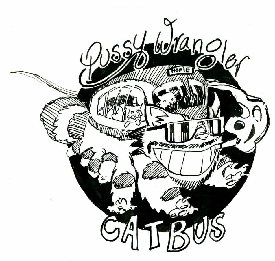 Pussy Wrangler Catbus logo, 2026 — ink cartoon by Ray Patrick