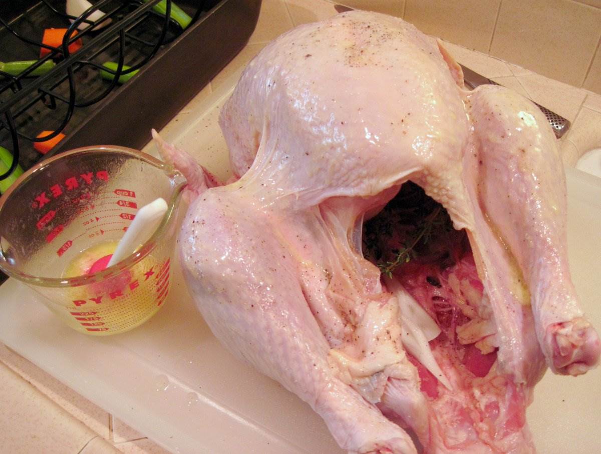 Raw turkey seasoned and stuffed with herbs, 2025 — photograph by Ray Patrick