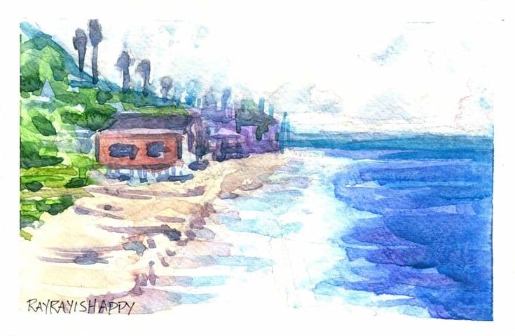 Red beach cottage above a curving cove, 2026 — watercolor painting by Ray Patrick