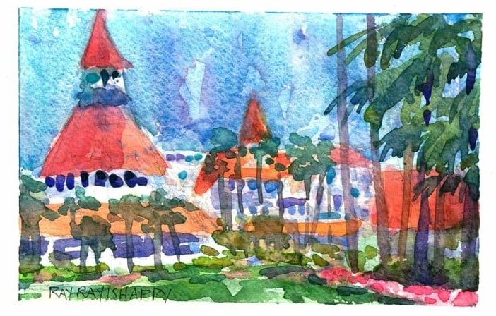 Red turrets of a seaside hotel through palms, 2026 — watercolor painting by Ray Patrick