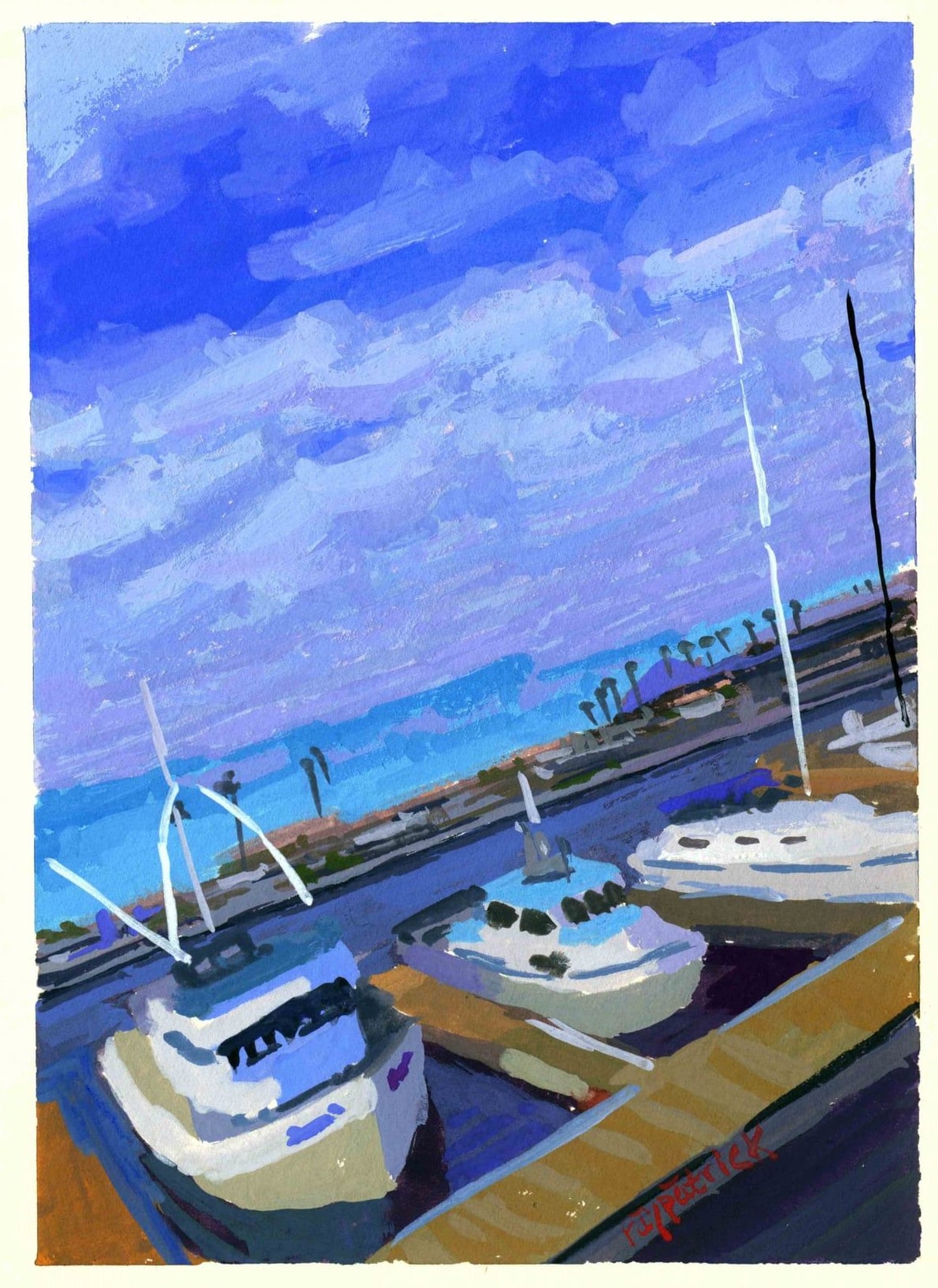 Redondo Beach Marina Boats, 2026 — gouache painting by Ray Patrick