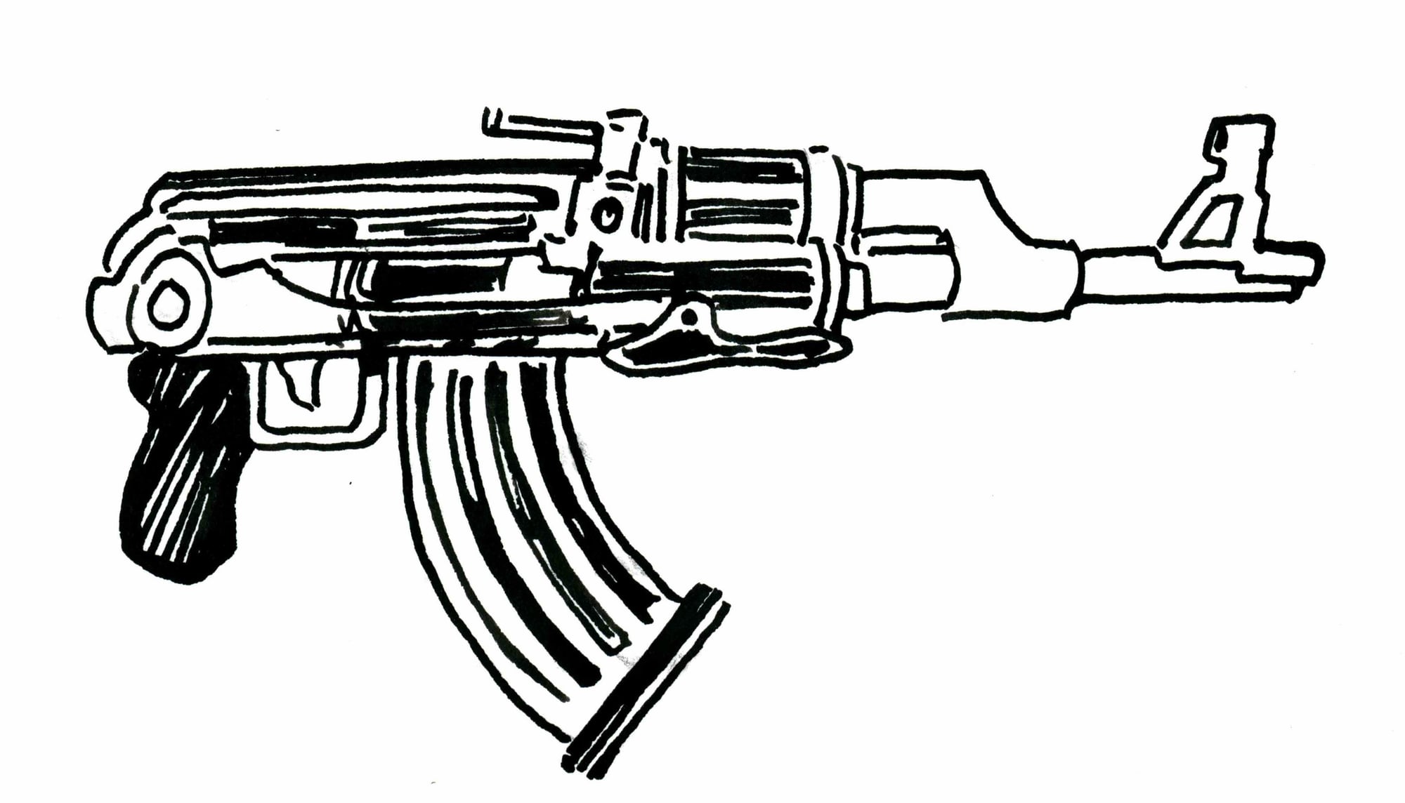 Rifle study, 2026 — ink drawing by Ray Patrick