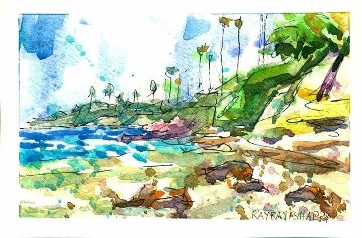 Rocky cove with agaves on the bluff, 2026 — watercolor painting by Ray Patrick