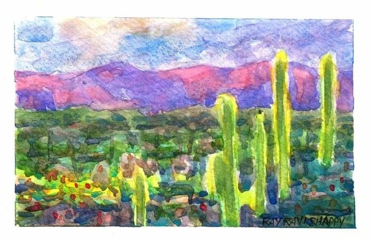 Saguaros against a violet range at dusk, 2026 — watercolor painting by Ray Patrick