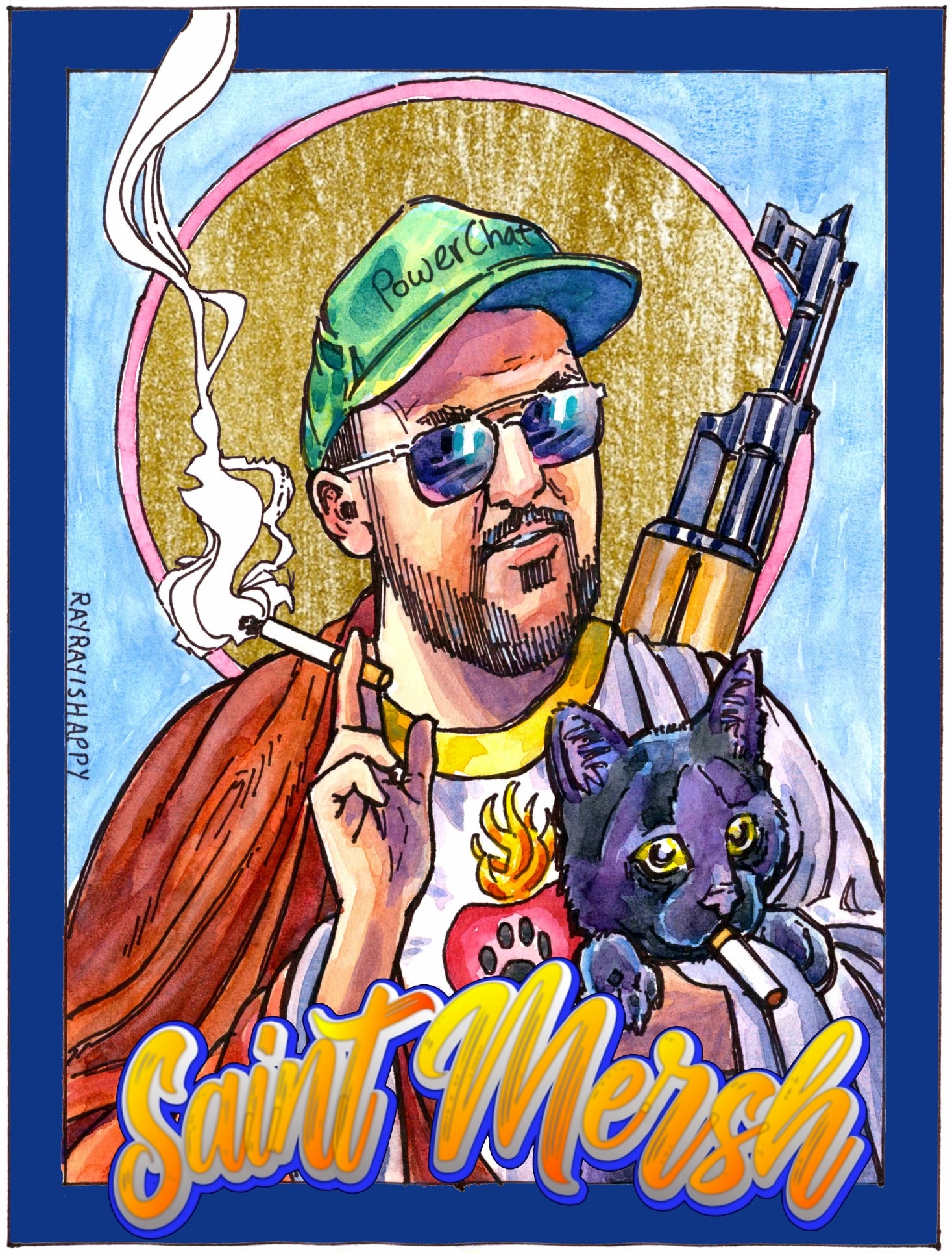 saint mersh_1 blue boarder blue stroke, 2026 — watercolor cartoon by Ray Patrick