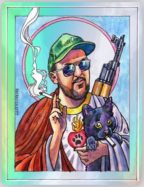 Saint Mersh, holographic print, 2026 — watercolor cartoon by Ray Patrick