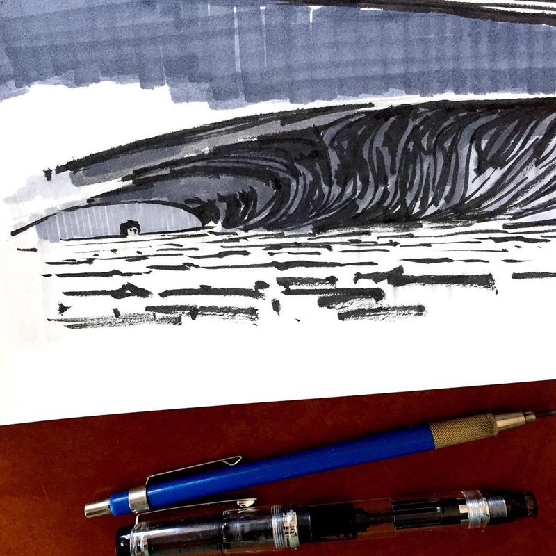 Seascapes, Surfing — ink drawing by Ray Patrick
