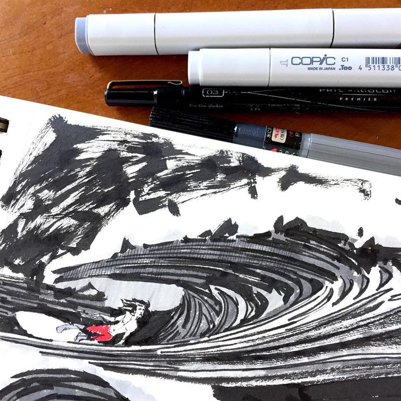 Seascapes, Surfing — ink drawing by Ray Patrick