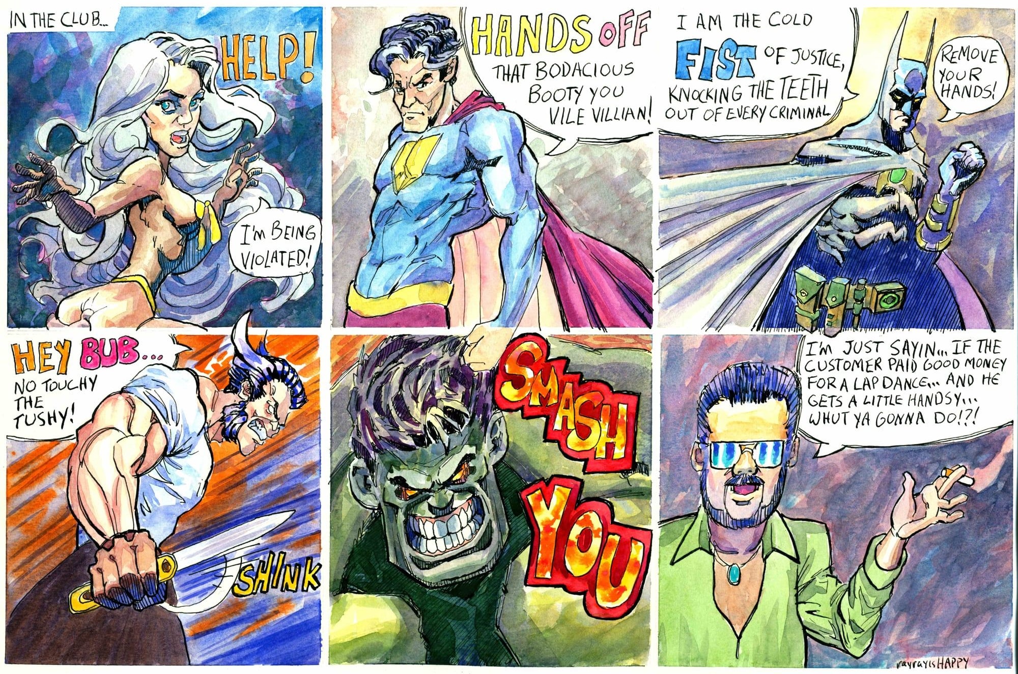 Smash you, 2024 — watercolor cartoon by Ray Patrick