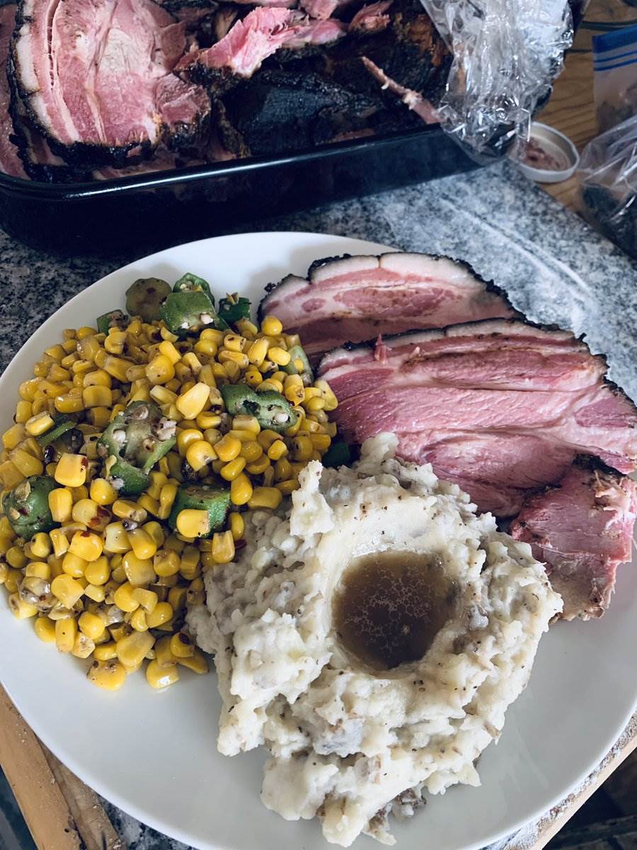 Smoked pork with mashed potatoes, gravy and fried corn, 2024 — photograph by Ray Patrick