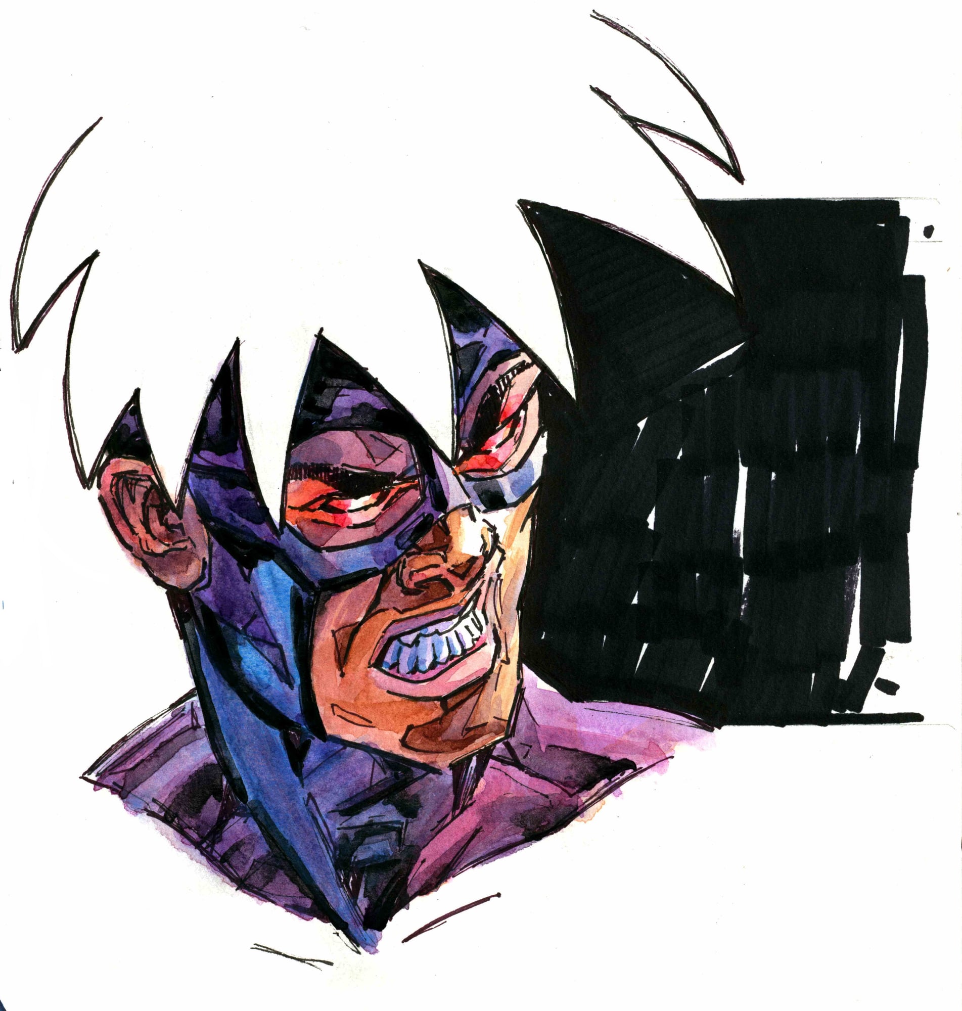 Superkiller in the cowl, 2026 — watercolor cartoon by Ray Patrick