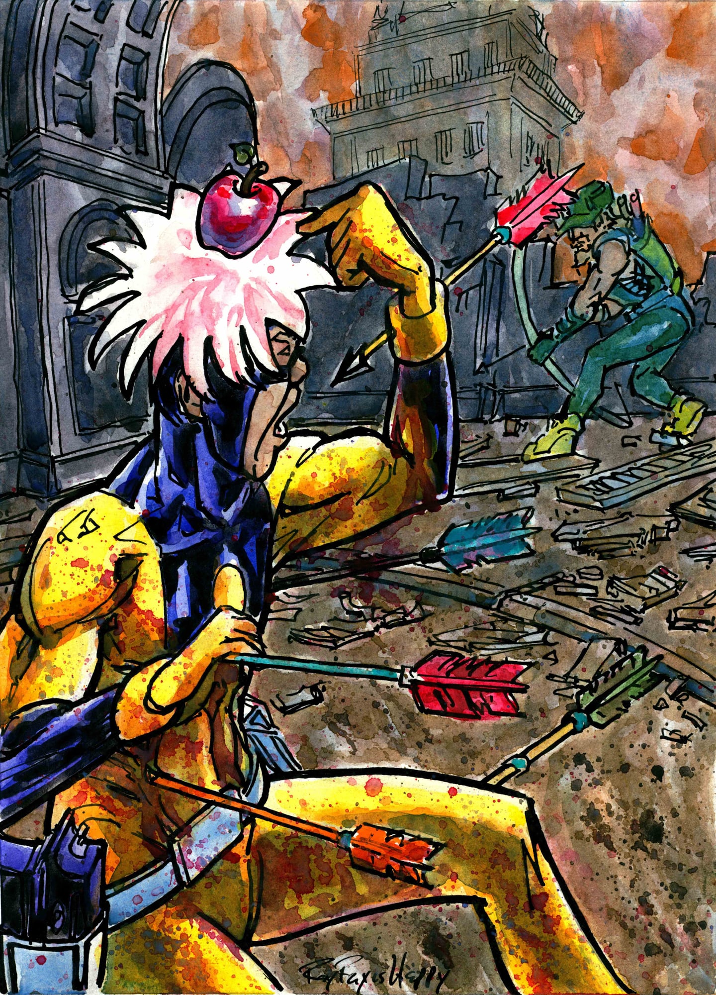 Superkiller vs Green Arrow, the loose version, 2026 — watercolor cartoon by Ray Patrick