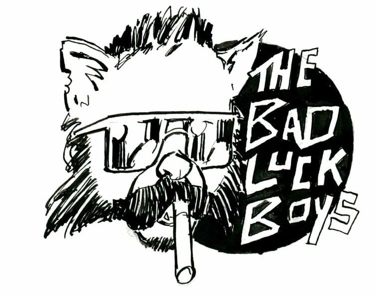 The Bad Luck Boys logo, 2026 — ink cartoon by Ray Patrick