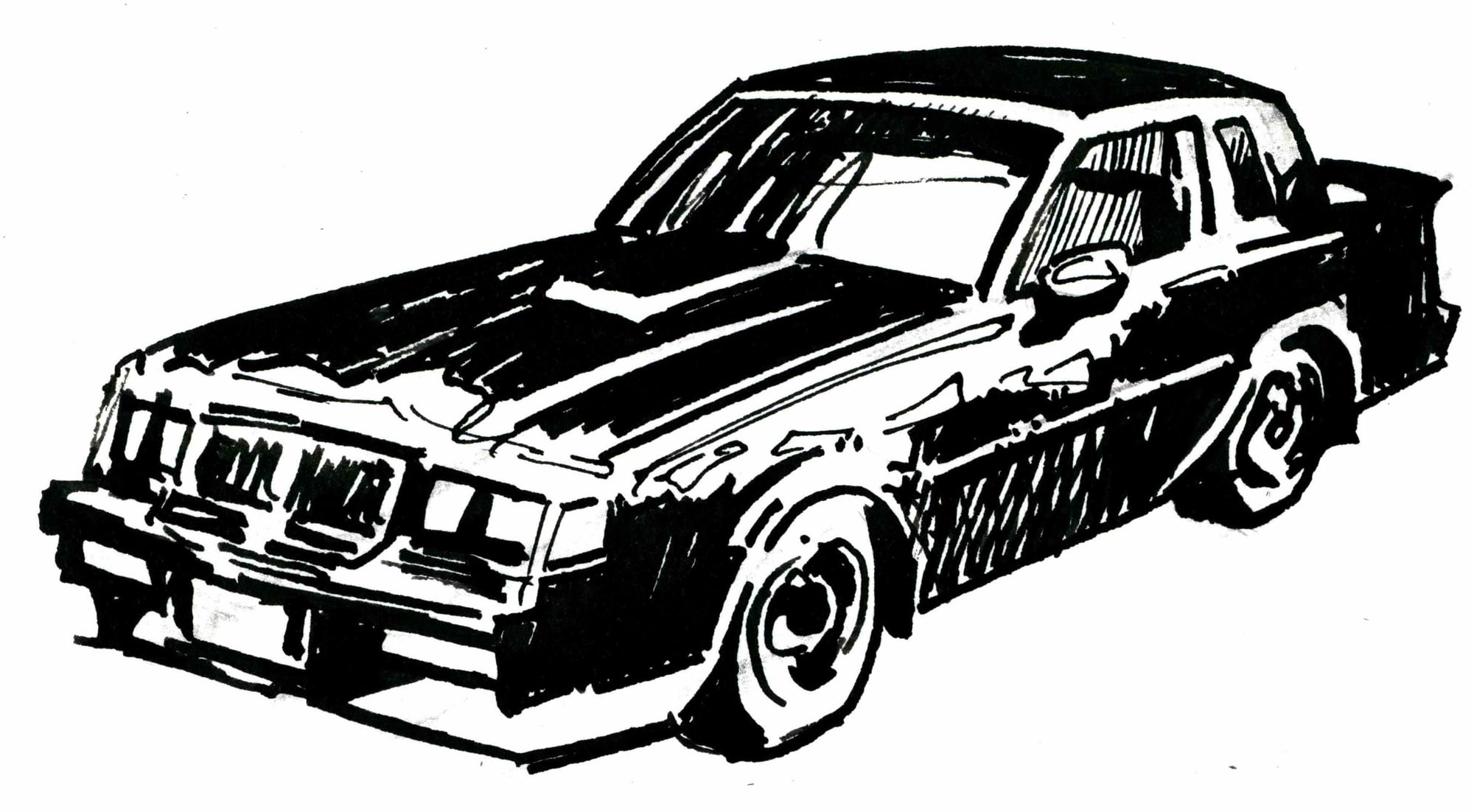 The Buick, inked, 2026 — ink cartoon by Ray Patrick