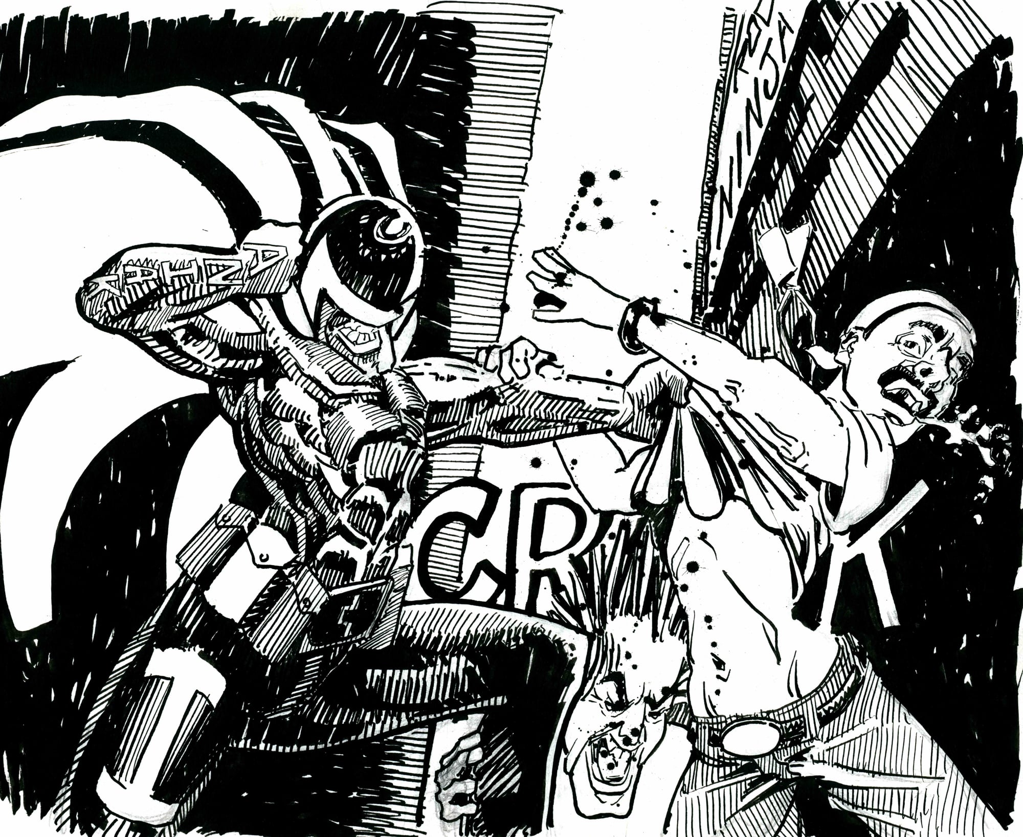 The Maniak in the alley, inks, 2026 — ink drawing by Ray Patrick
