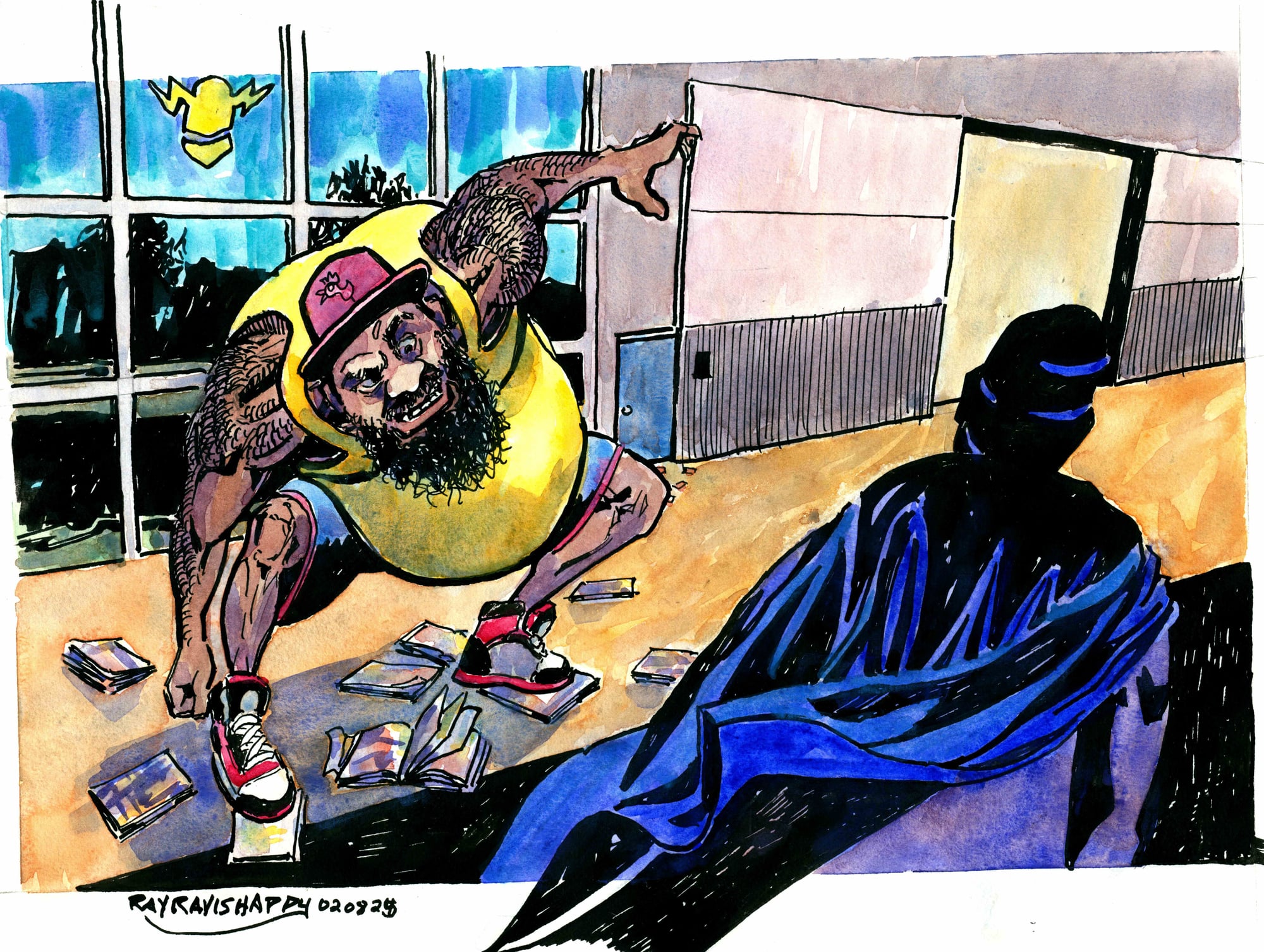 The shadow at the comic shop, 2026 — watercolor painting by Ray Patrick