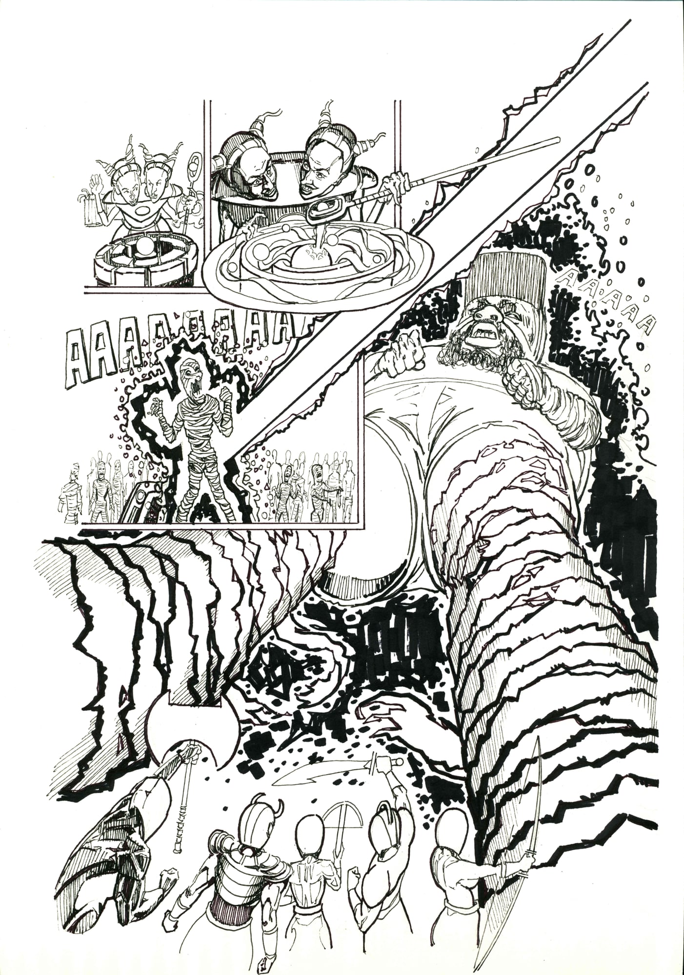 The witch sisters and the giant, inks, 2026 — ink cartoon by Ray Patrick