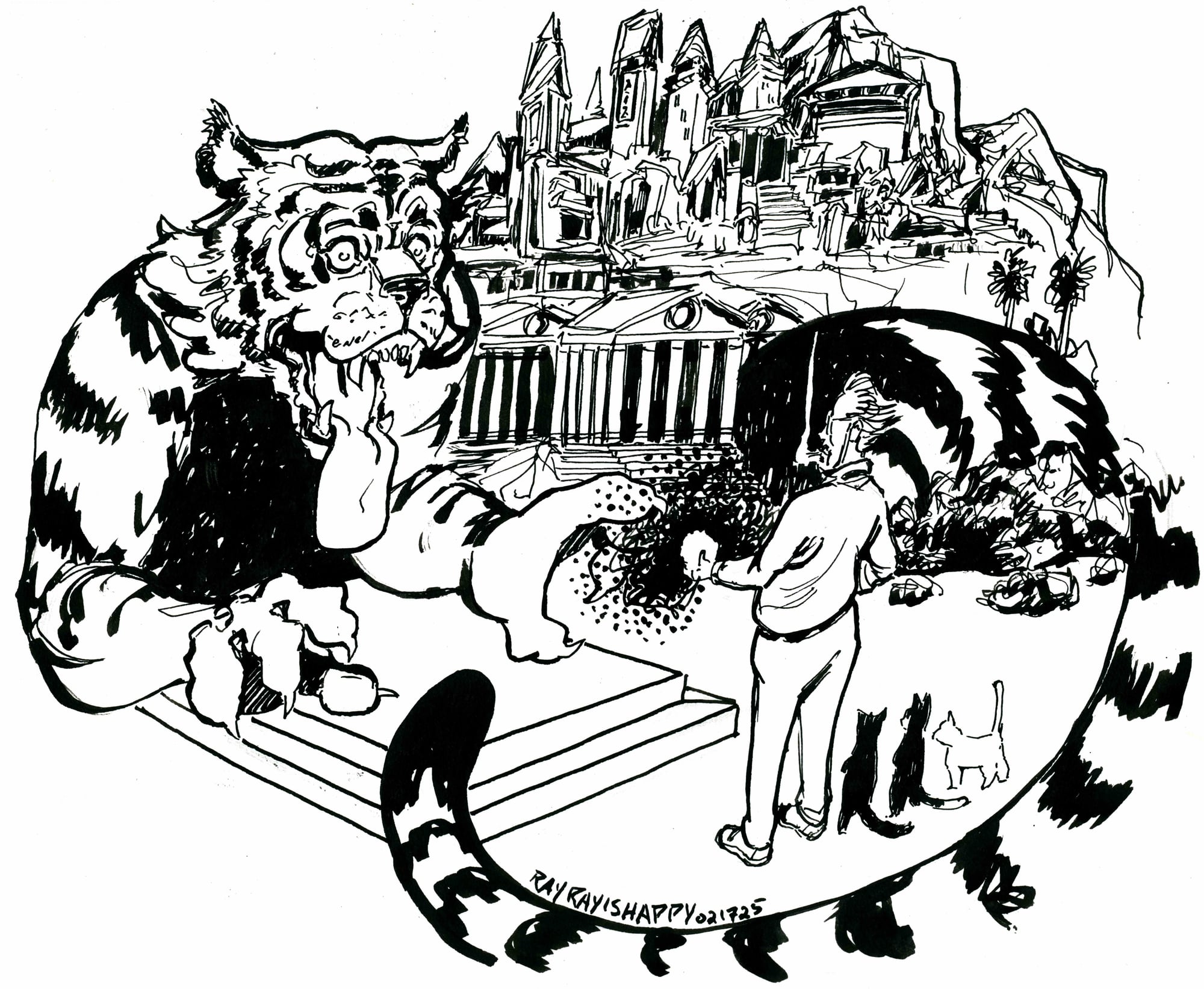 Tiger township, 2026 — ink drawing by Ray Patrick