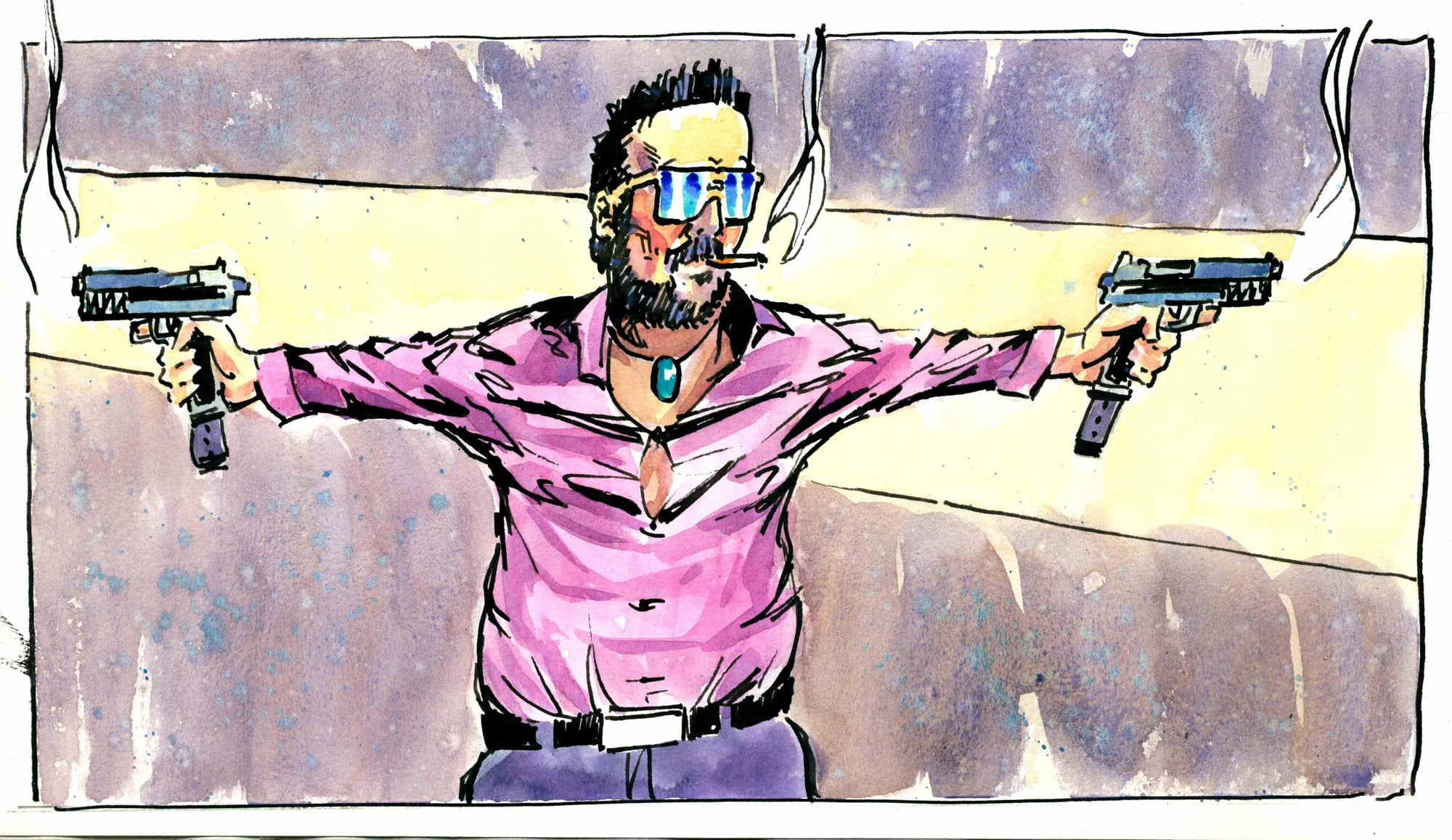 Two guns, 2026 — watercolor cartoon by Ray Patrick