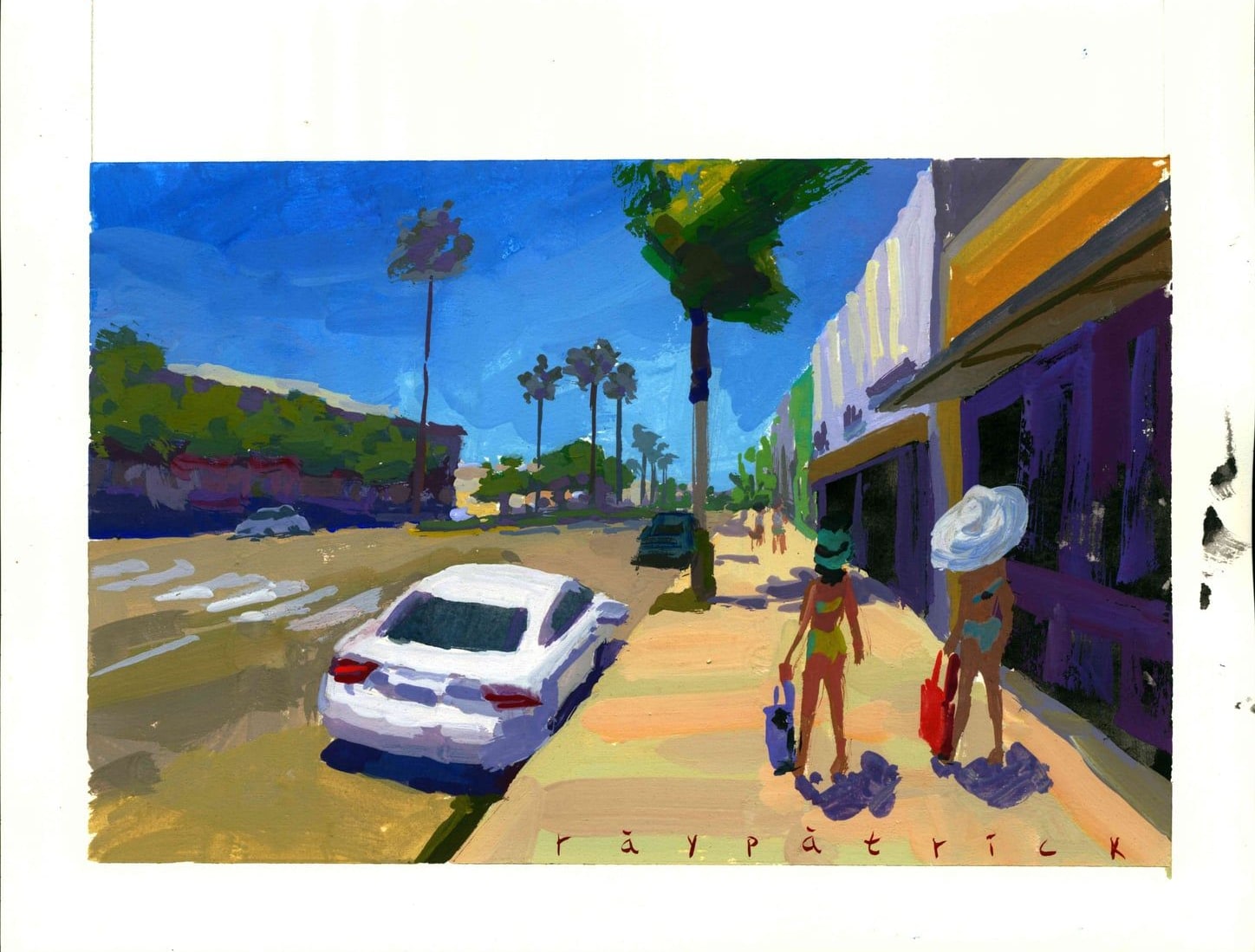 Two women in sun hats on a shopfront pavement, 2026 — gouache painting by Ray Patrick