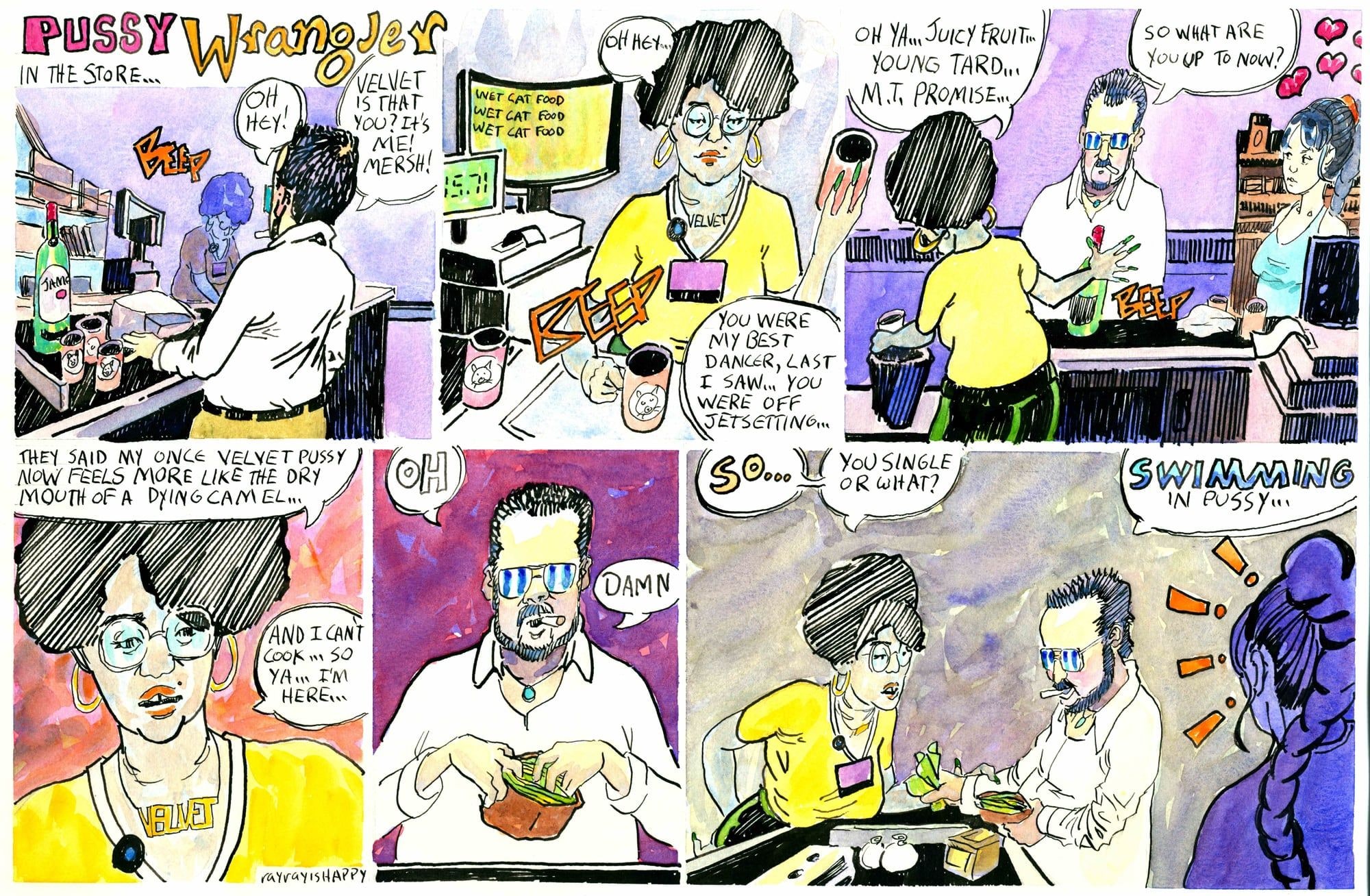 Velvet, is that you, 2024 — watercolor cartoon by Ray Patrick