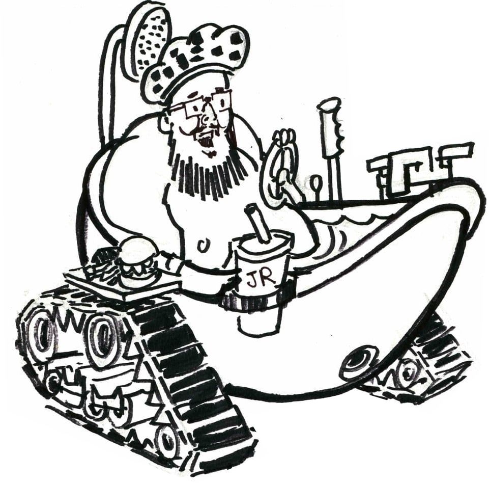 Vito in a tracked bathtub with a burger, 2026 — ink cartoon by Ray Patrick