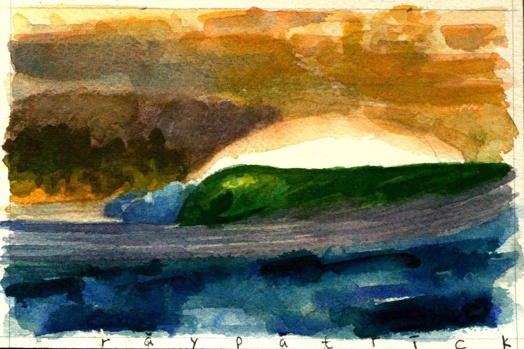 Wave barrelling with the tube open, 2026 — watercolor painting by Ray Patrick