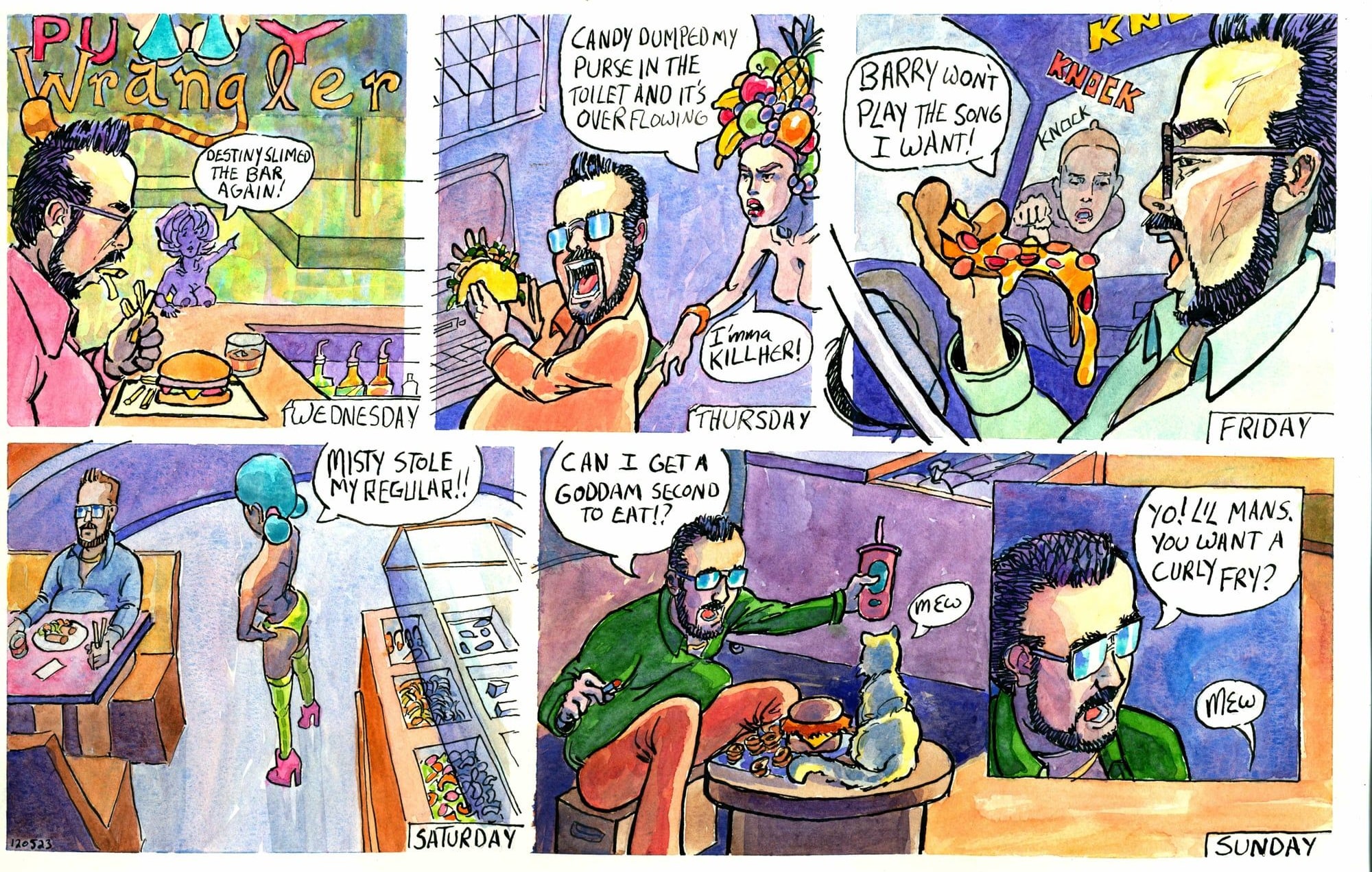 Wednesday to Sunday, 2023 — watercolor cartoon by Ray Patrick