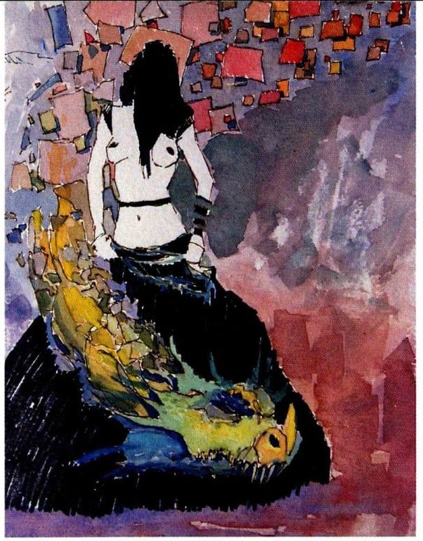Woman from behind above a skirt with a fish form, 2026 — watercolor painting by Ray Patrick