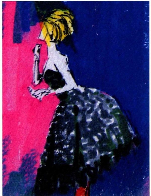 Woman in a full-skirted dress with yellow hair, 2026 — marker painting by Ray Patrick