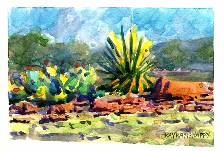 Yucca in flower on open desert ground, 2026 — watercolor painting by Ray Patrick