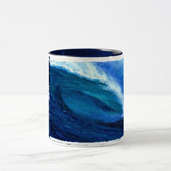 Coffee Mug, center — customized from three of Ray Patrick's paintings, made by @seashellsnsocal at rayrayisHAPPY.com - Seascapes, Surfing, Landscapes, Oil, Ink