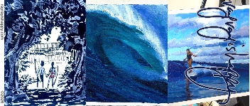 Coffee Mug, the printed artwork — customized from three of Ray Patrick's paintings, made by @seashellsnsocal at rayrayisHAPPY.com - Seascapes, Surfing, Landscapes, Oil, Ink