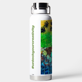 32oz Water Bottle, back — customized from three of Ray Patrick's paintings, made by @seashellsnsocal at rayrayisHAPPY.com - Fashion, Palm trees, Pop art, Oil