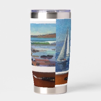 Stainless Steel Thermal Tumbler, left — customized from three of Ray Patrick's paintings, made by @seashellsnsocal at rayrayisHAPPY.com - Seascapes, Boats, Landscapes, Oil, Gouache