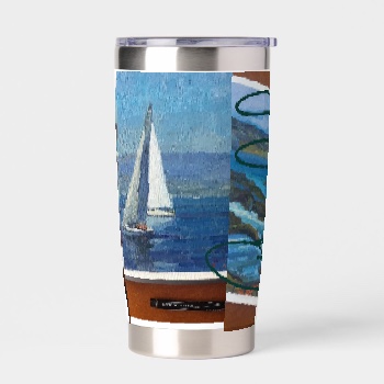 Stainless Steel Thermal Tumbler, front — customized from three of Ray Patrick's paintings, made by @seashellsnsocal at rayrayisHAPPY.com - Seascapes, Boats, Landscapes, Oil, Gouache
