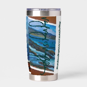Stainless Steel Thermal Tumbler, right — customized from three of Ray Patrick's paintings, made by @seashellsnsocal at rayrayisHAPPY.com - Seascapes, Boats, Landscapes, Oil, Gouache