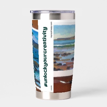 Stainless Steel Thermal Tumbler, back — customized from three of Ray Patrick's paintings, made by @seashellsnsocal at rayrayisHAPPY.com - Seascapes, Boats, Landscapes, Oil, Gouache